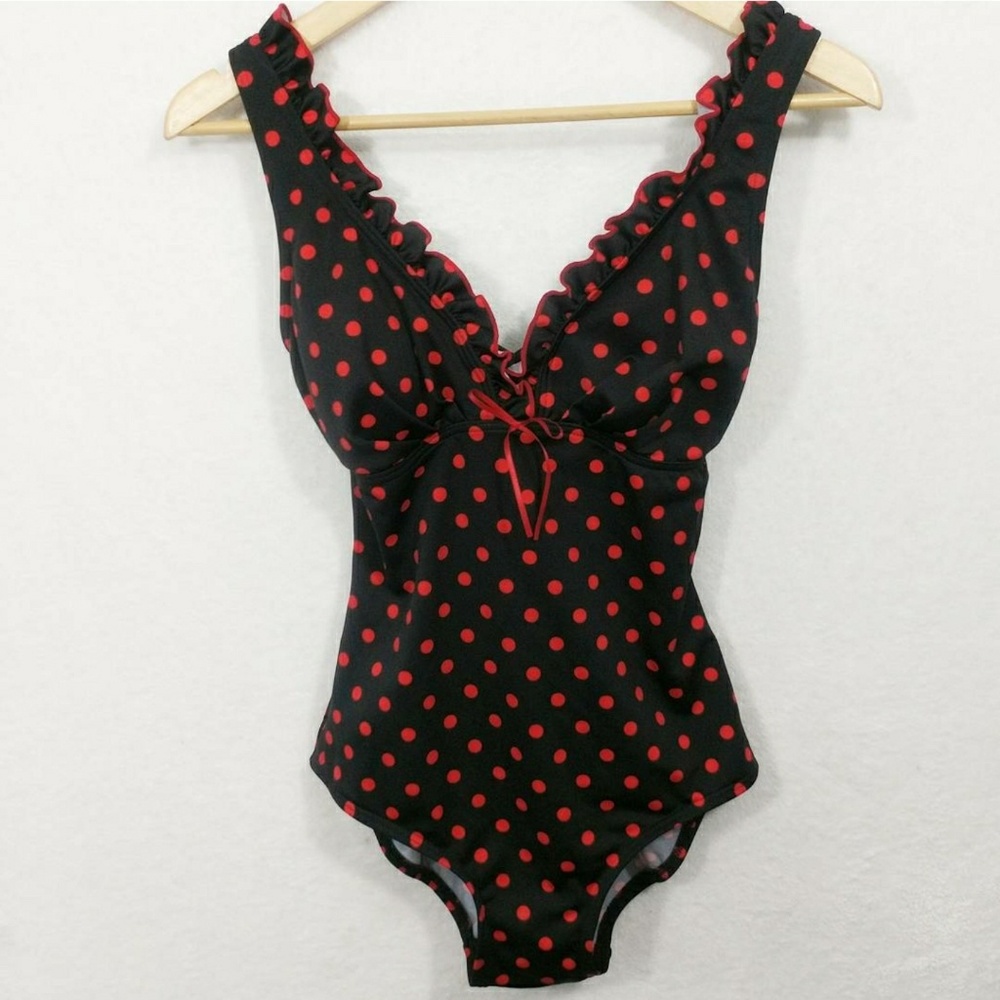 Pin Up Red Black Polka Dot One Piece Swimsuit